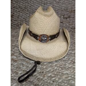 Bullhide Straw Cowboy Cowgirl Western Hat Leather Straps Star Embellished Size S